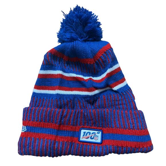 NFL New York Giants Blue White Red Wool Lined Pom Beanie Winter Hat - Picture 3 of 4